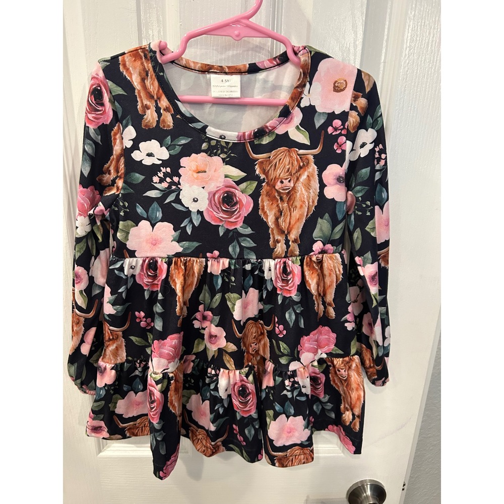 Unbranded Highland Cow Tunic Top Navy Floral Tiered Ruffle Long Sleeve Kids 4-5Y